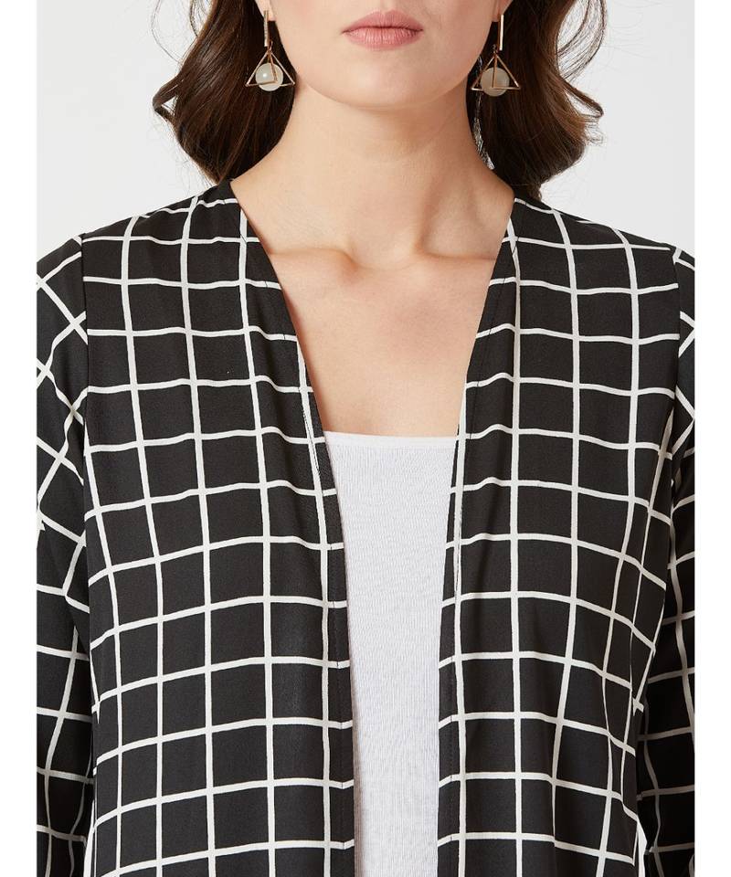 Women's Multicolored With A Black Base Square Neck quarter_sleeve Checkered Longline Side Slit Open Front Midi Shrug