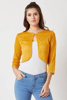 Women's Mustard Round Neck quarter_sleeve Solid Pearl Detailing Cropped Bolero Shrug