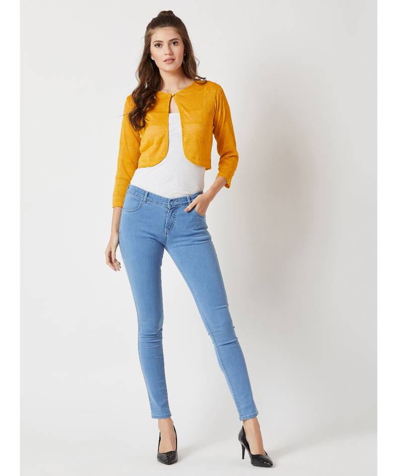 Women's Mustard Round Neck quarter_sleeve Solid Pearl Detailing Cropped Bolero Shrug