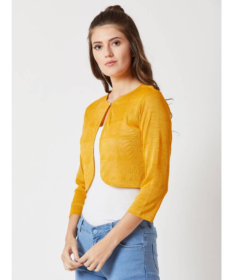 Women's Mustard Round Neck quarter_sleeve Solid Pearl Detailing Cropped Bolero Shrug