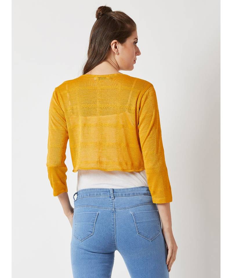 Women's Mustard Round Neck quarter_sleeve Solid Pearl Detailing Cropped Bolero Shrug