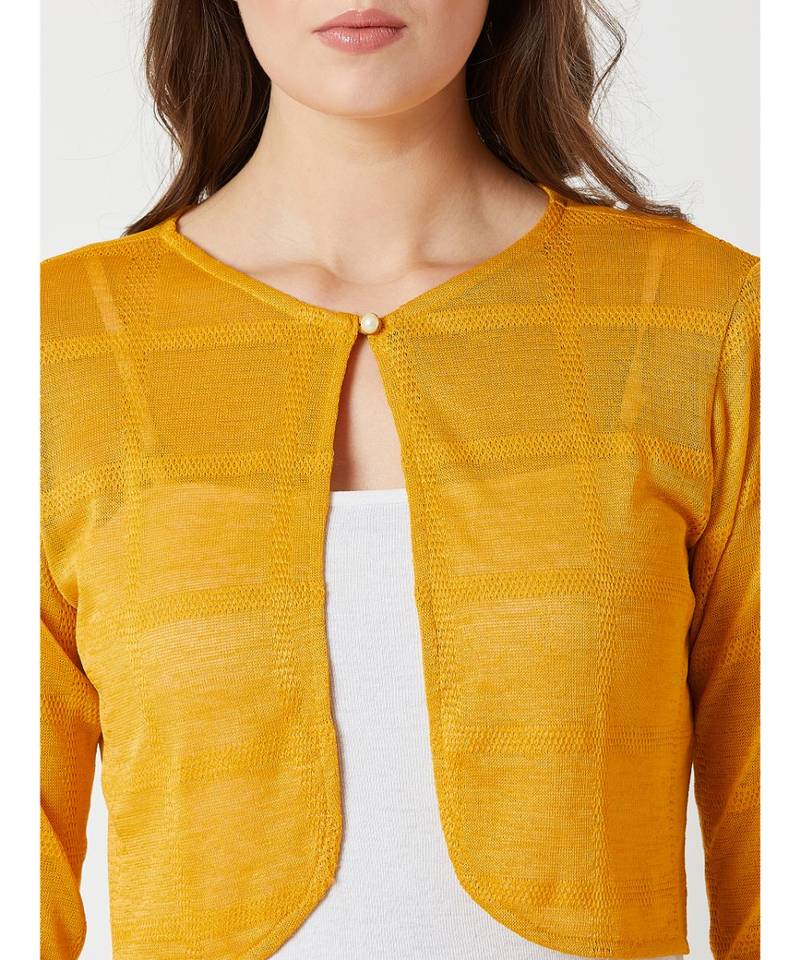 Women's Mustard Round Neck quarter_sleeve Solid Pearl Detailing Cropped Bolero Shrug