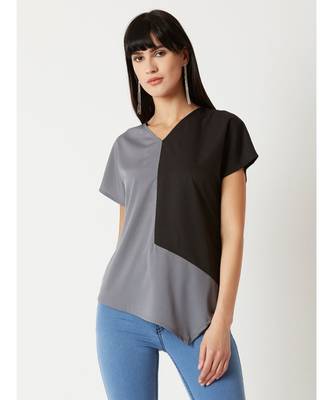 Women's Grey & Black V Neck short_sleeve Solid Paneled Asymmetric Hemline Boxy Color block Top 1