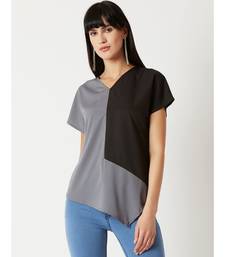 Women's Grey & Black V Neck short_sleeve Solid Paneled Asymmetric Hemline Boxy Color block Top