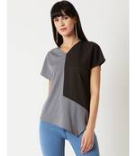 Women's Grey & Black V Neck short_sleeve Solid Paneled Asymmetric Hemline Boxy Color block Top