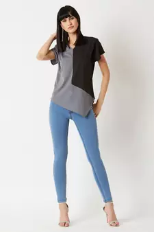 Women's Grey & Black V Neck short_sleeve Solid Paneled Asymmetric Hemline Boxy Color block Top