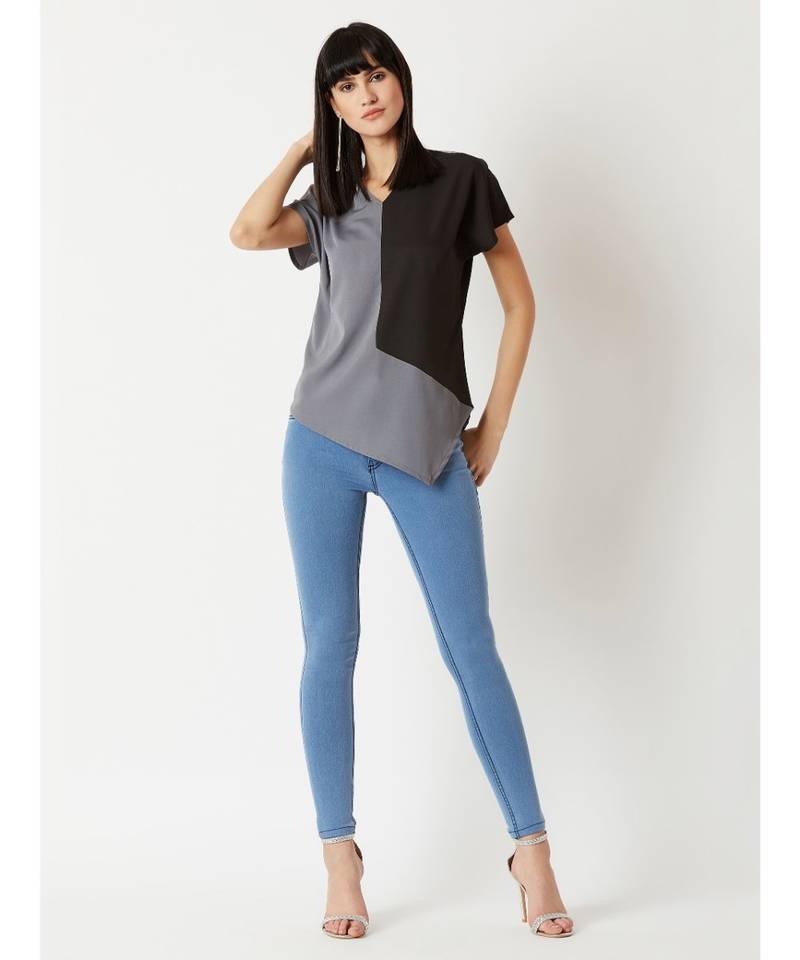 Women's Grey & Black V Neck short_sleeve Solid Paneled Asymmetric Hemline Boxy Color block Top