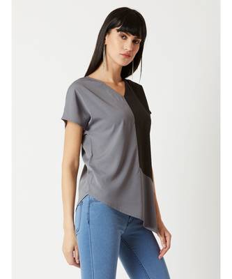 Women's Grey & Black V Neck short_sleeve Solid Paneled Asymmetric Hemline Boxy Color block Top 3