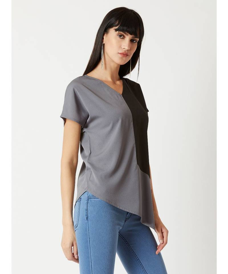 Women's Grey & Black V Neck short_sleeve Solid Paneled Asymmetric Hemline Boxy Color block Top