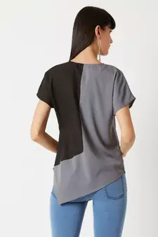Women's Grey & Black V Neck short_sleeve Solid Paneled Asymmetric Hemline Boxy Color block Top