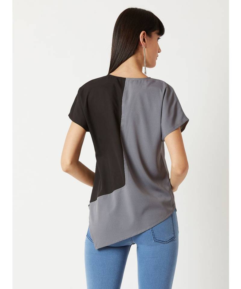 Women's Grey & Black V Neck short_sleeve Solid Paneled Asymmetric Hemline Boxy Color block Top