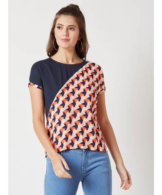 Women's Multicolored with base blue Round Neck Short Continuous Rolled Sleeve Geometric Print Paneled Top 1