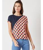 Women's Multicolored with base blue Round Neck Short Continuous Rolled Sleeve Geometric Print Paneled Top