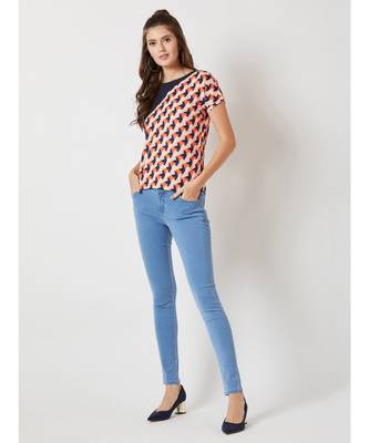 Women's Multicolored with base blue Round Neck Short Continuous Rolled Sleeve Geometric Print Paneled Top 2