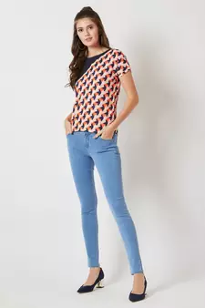 Women's Multicolored with base blue Round Neck Short Continuous Rolled Sleeve Geometric Print Paneled Top