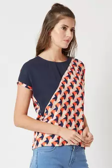 Women's Multicolored with base blue Round Neck Short Continuous Rolled Sleeve Geometric Print Paneled Top
