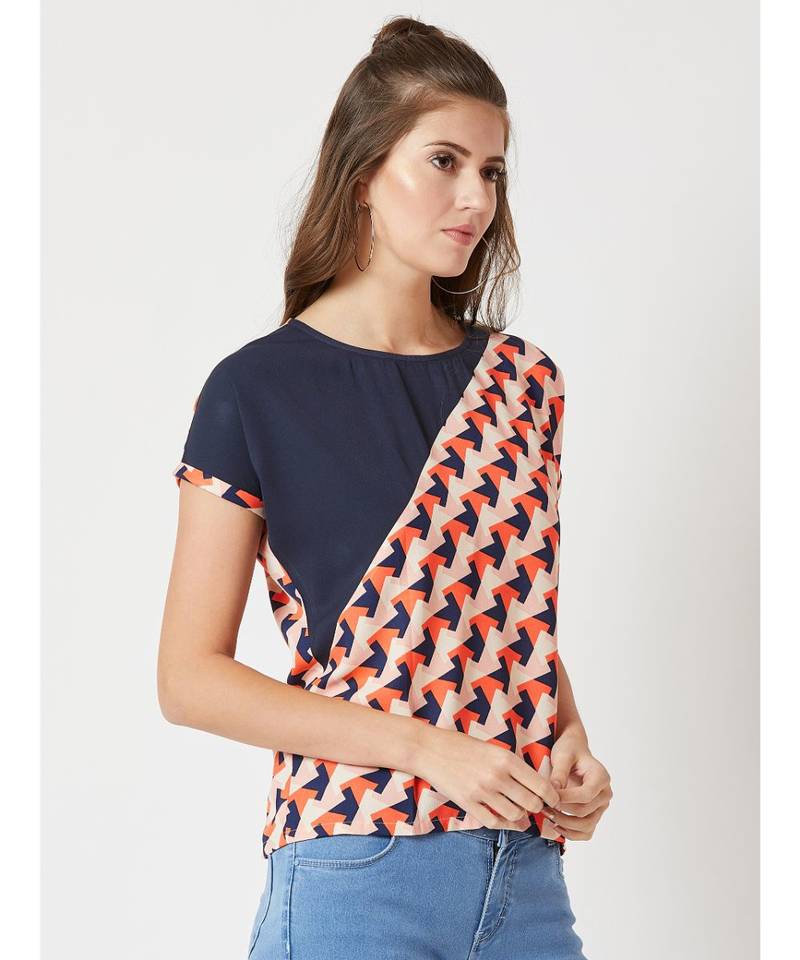 Women's Multicolored with base blue Round Neck Short Continuous Rolled Sleeve Geometric Print Paneled Top