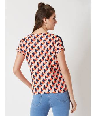 Women's Multicolored with base blue Round Neck Short Continuous Rolled Sleeve Geometric Print Paneled Top 4