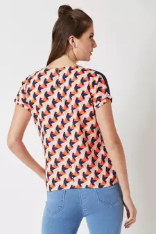 Women's Multicolored with base blue Round Neck Short Continuous Rolled Sleeve Geometric Print Paneled Top