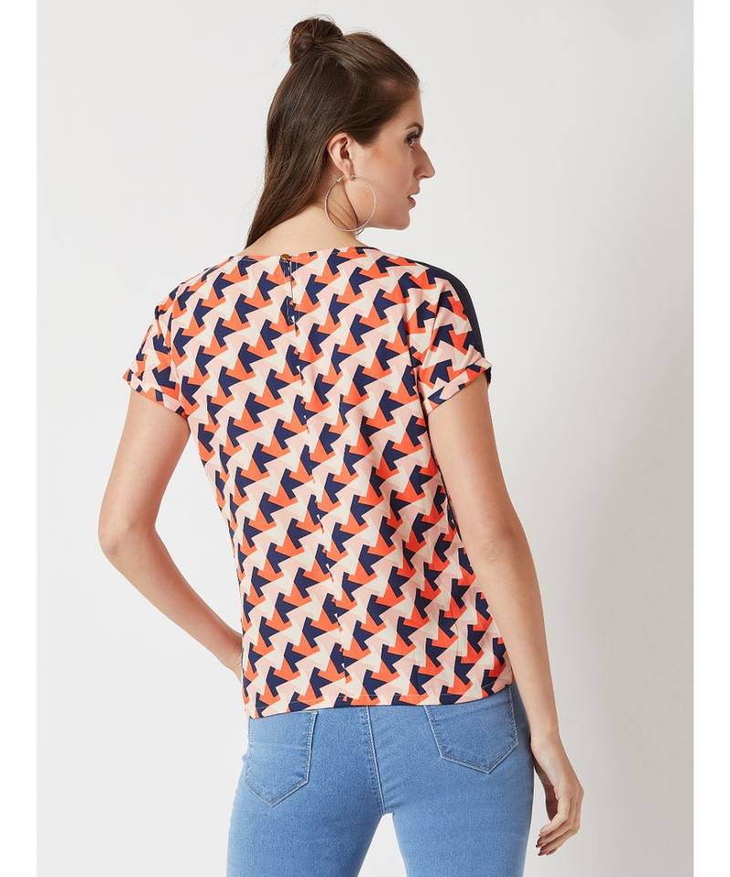 Women's Multicolored with base blue Round Neck Short Continuous Rolled Sleeve Geometric Print Paneled Top