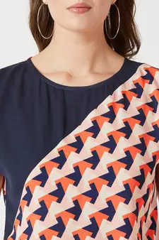 Women's Multicolored with base blue Round Neck Short Continuous Rolled Sleeve Geometric Print Paneled Top