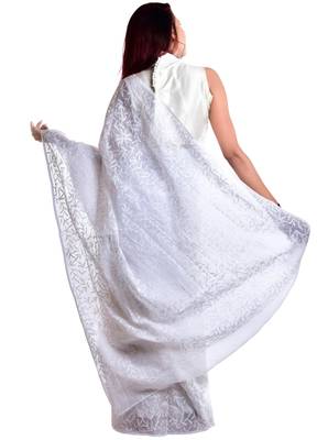 Lavangi Women's Lucknow Chikan White Cotton Dyeable Saree With All Over Kota Tepchi Work 3
