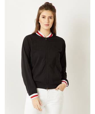 Women's Black Round Neck full_sleeve Cotton Solid Zippered Multicolored Rib Detailing Bomber Jacket 1
