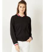 Women's Black Round Neck full_sleeve Cotton Solid Zippered Multicolored Rib Detailing Bomber Jacket