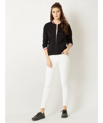 Women's Black Round Neck full_sleeve Cotton Solid Zippered Multicolored Rib Detailing Bomber Jacket 2