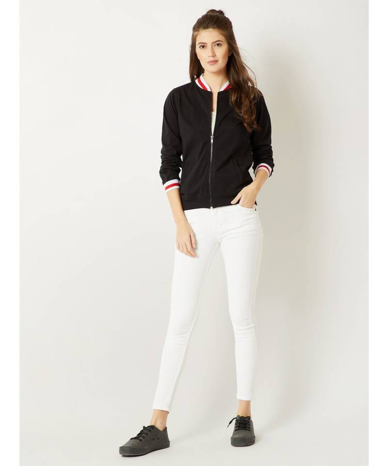 Women's Black Round Neck full_sleeve Cotton Solid Zippered Multicolored Rib Detailing Bomber Jacket