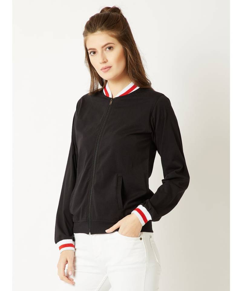 Women's Black Round Neck full_sleeve Cotton Solid Zippered Multicolored Rib Detailing Bomber Jacket