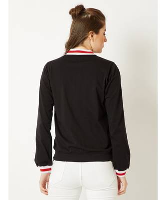 Women's Black Round Neck full_sleeve Cotton Solid Zippered Multicolored Rib Detailing Bomber Jacket 4