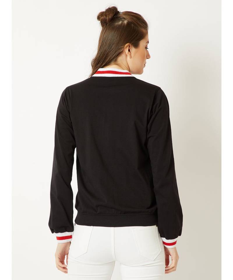 Women's Black Round Neck full_sleeve Cotton Solid Zippered Multicolored Rib Detailing Bomber Jacket