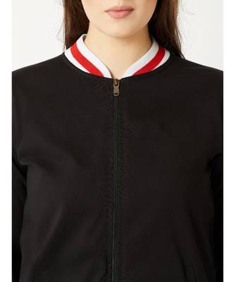 Women's Black Round Neck full_sleeve Cotton Solid Zippered Multicolored Rib Detailing Bomber Jacket 5