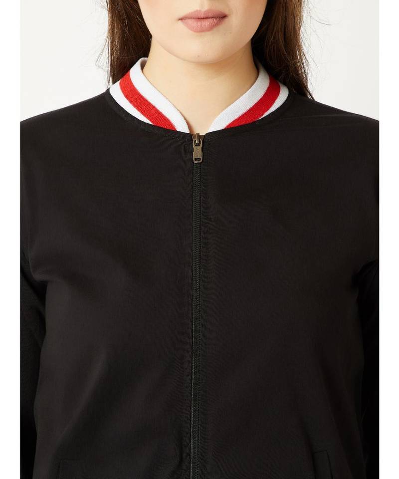 Women's Black Round Neck full_sleeve Cotton Solid Zippered Multicolored Rib Detailing Bomber Jacket