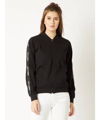 Women's Black Round Neck full_sleeve Solid Cotton Twill Tape Detailing Zippered Bomber Jacket 1