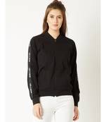Women's Black Round Neck full_sleeve Solid Cotton Twill Tape Detailing Zippered Bomber Jacket