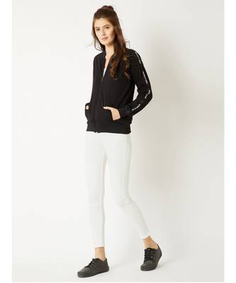 Women's Black Round Neck full_sleeve Solid Cotton Twill Tape Detailing Zippered Bomber Jacket 2