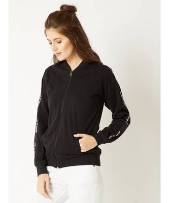 Women's Black Round Neck full_sleeve Solid Cotton Twill Tape Detailing Zippered Bomber Jacket 3