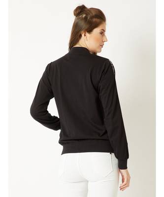 Women's Black Round Neck full_sleeve Solid Cotton Twill Tape Detailing Zippered Bomber Jacket 4