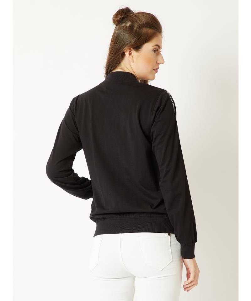Women's Black Round Neck full_sleeve Solid Cotton Twill Tape Detailing Zippered Bomber Jacket