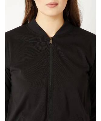 Women's Black Round Neck full_sleeve Solid Cotton Twill Tape Detailing Zippered Bomber Jacket 5
