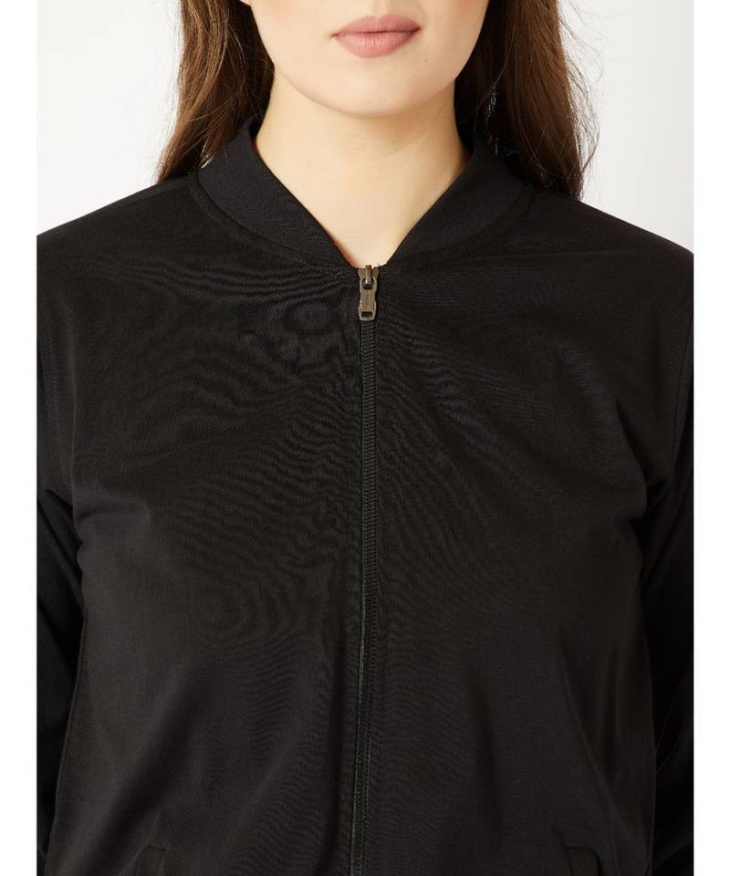 Women's Black Round Neck full_sleeve Solid Cotton Twill Tape Detailing Zippered Bomber Jacket
