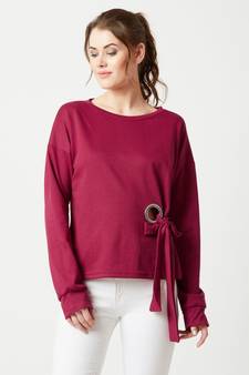 Women's Maroon Round Neck full_sleeve Cotton Solid Eyelet And Tie-Up Detailing Sweatshirt