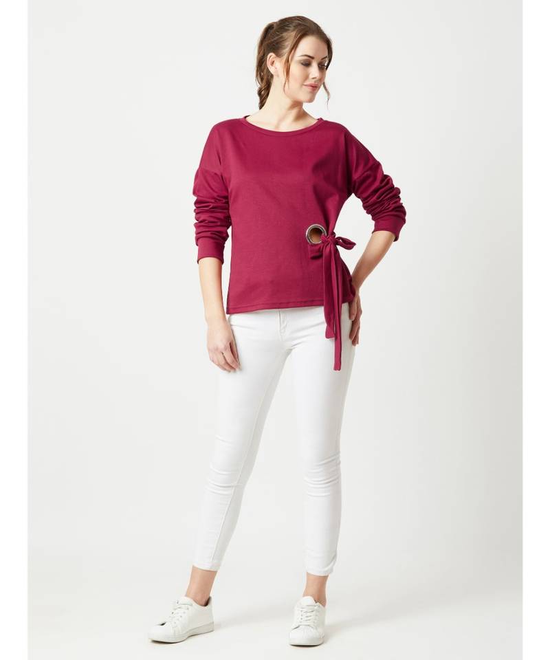 Women's Maroon Round Neck full_sleeve Cotton Solid Eyelet And Tie-Up Detailing Sweatshirt