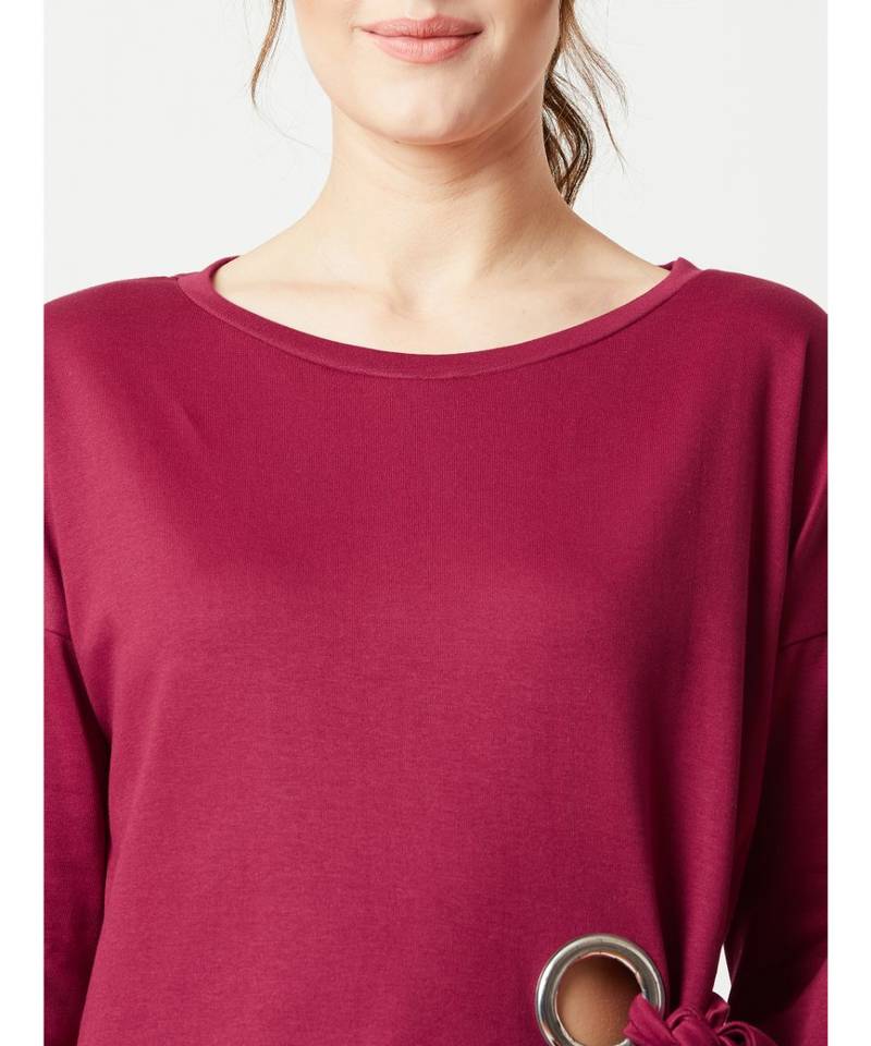 Women's Maroon Round Neck full_sleeve Cotton Solid Eyelet And Tie-Up Detailing Sweatshirt