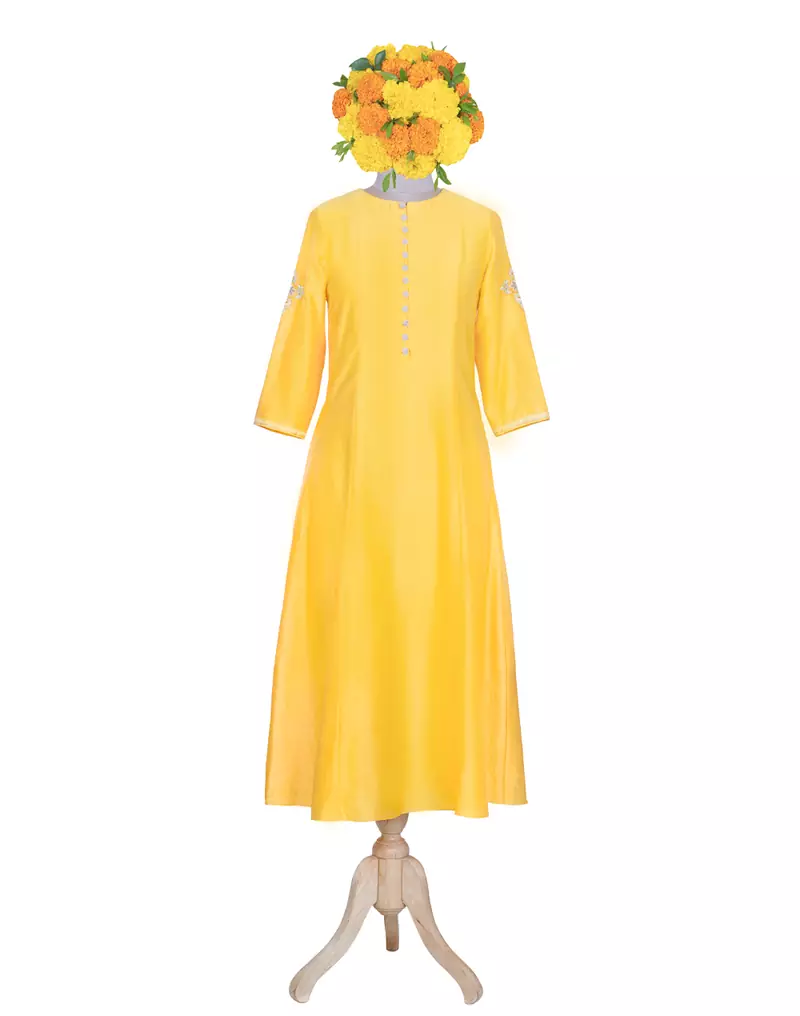 yellow embroidered Chanderi kurtis
