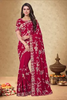 Maroon Embroidered Satin Saree With Blouse
