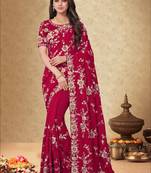 Maroon Embroidered Satin Saree With Blouse