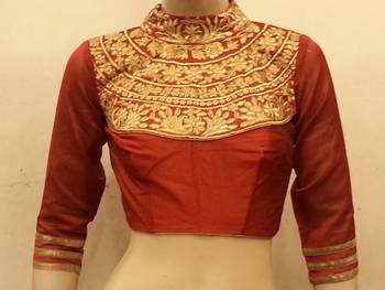 Maroon dupion silk highneck zari embroidered blouse 1